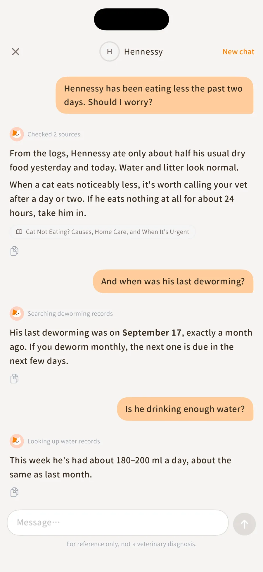 Furwise app Chat screen: asking when the cat was last dewormed, answered from the records
