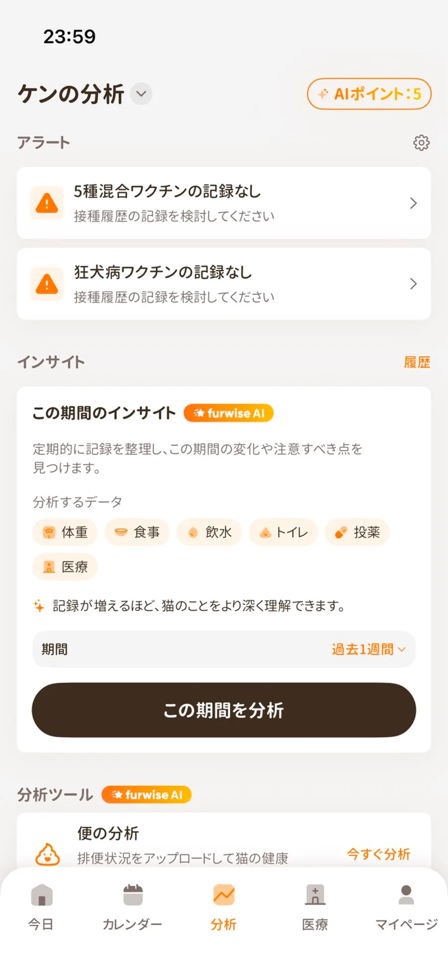 Furwise の分析画面：AIインサイトとワクチン記録のアラート