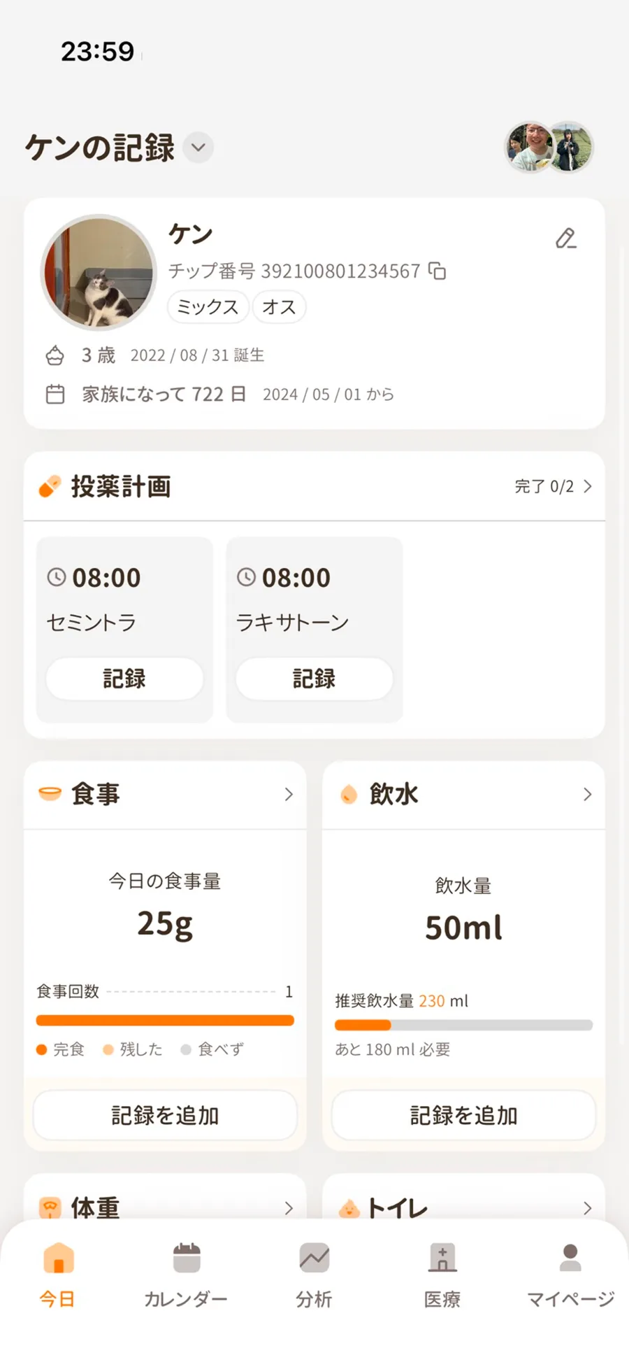Furwise の今日の画面：投薬プランと食事・飲水のトラッキング