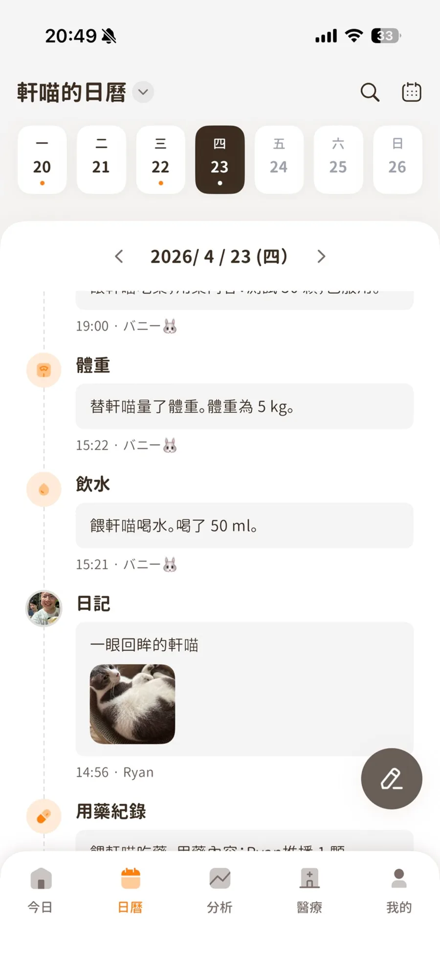 毛孩指南貓咪健康紀錄 App 首頁畫面：多貓家庭的用藥計畫、餵食與飲水紀錄